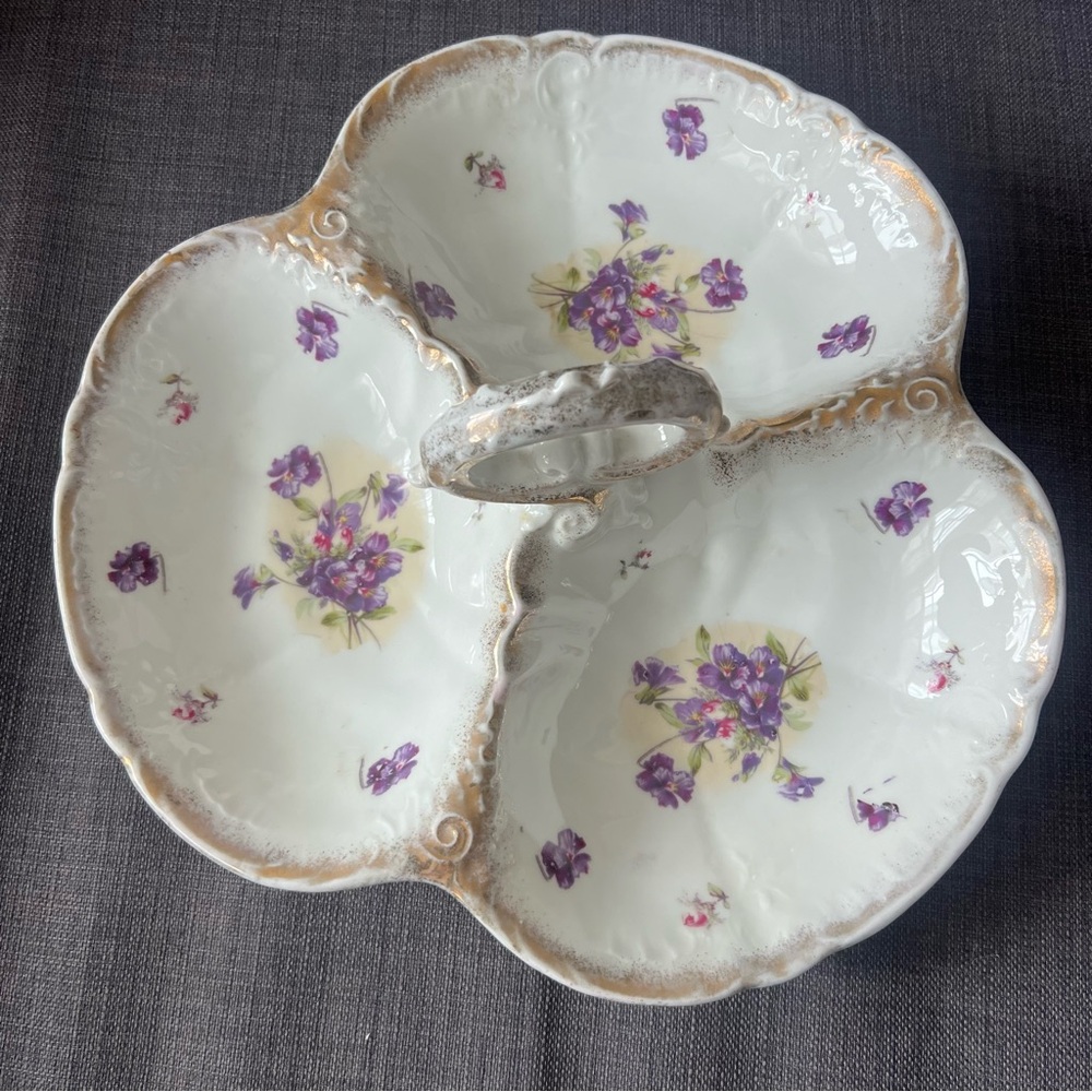 Vintage large 3 section serving dish very old violets pattern lovely!